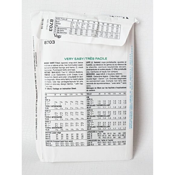 Vintage Vogue Sewing Pattern 8703 Misses Skirt Tapered Wrap Size 12 14 16 Uncut - Picture 2 of 5